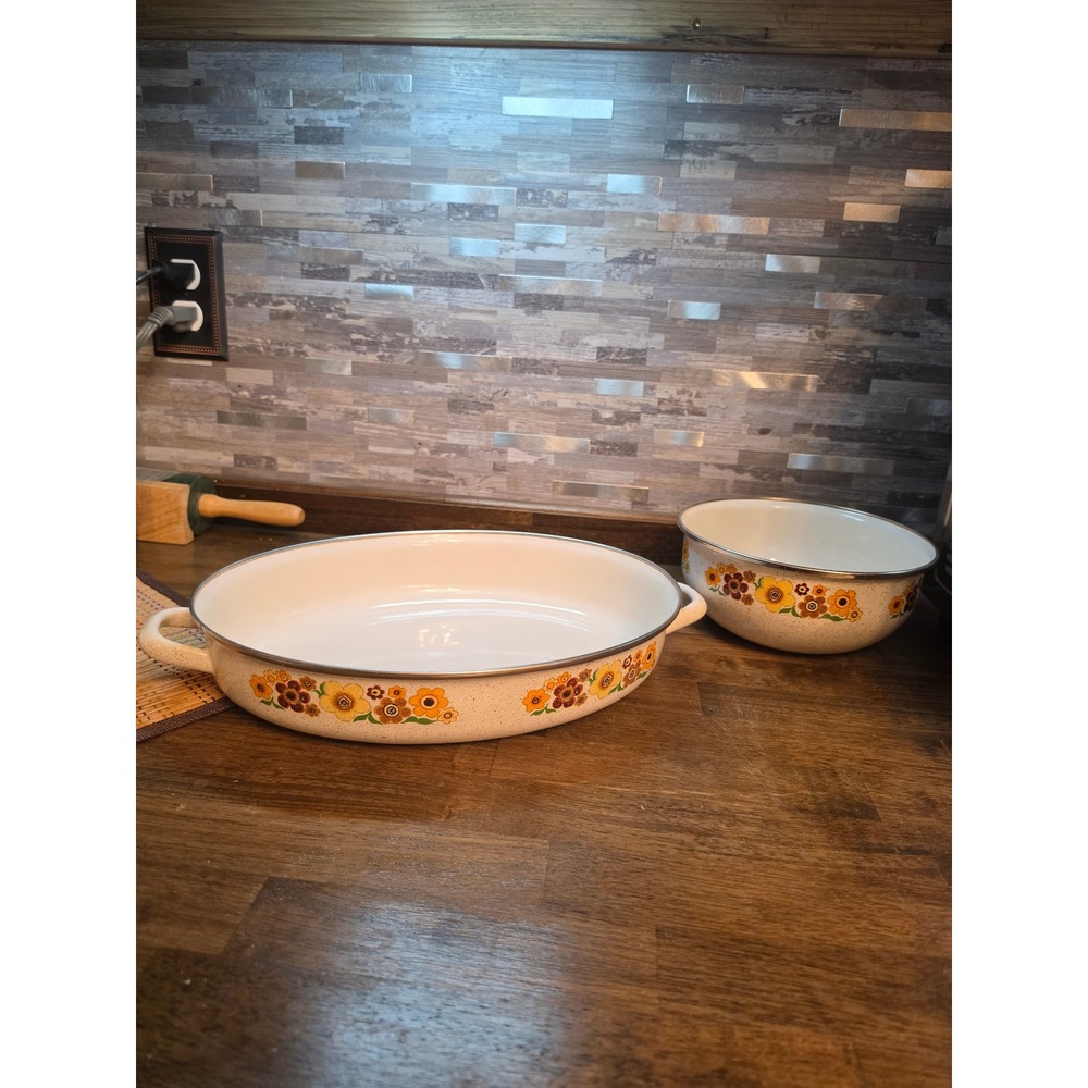 Vintage 70s Floral Enamelware Set Oval Roasting Pan and Mixing Bowl Retro Orange